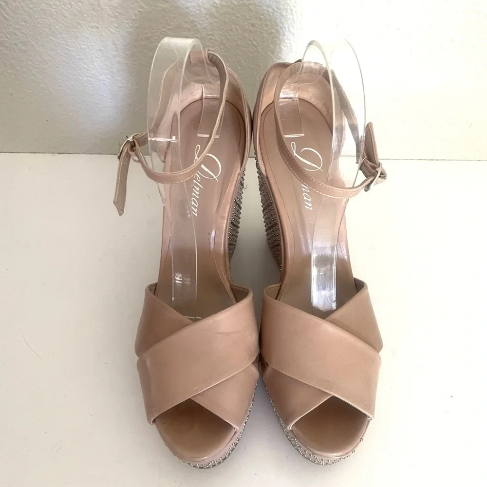 DELMAN taupe open toe studded leather platform wedge sandal size 10